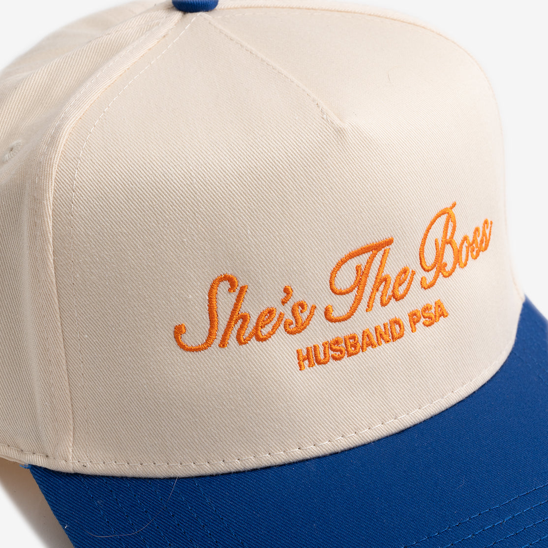 She\'s The Boss Hat (Tan/Royal) – Husband PSA | Baseball Caps
